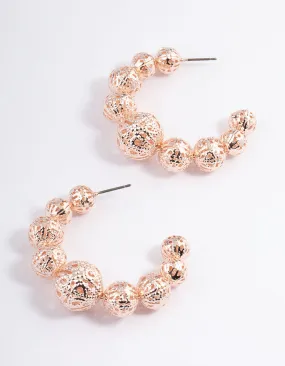 Rose Gold Filigree Graduated Ball Hoop Earrings