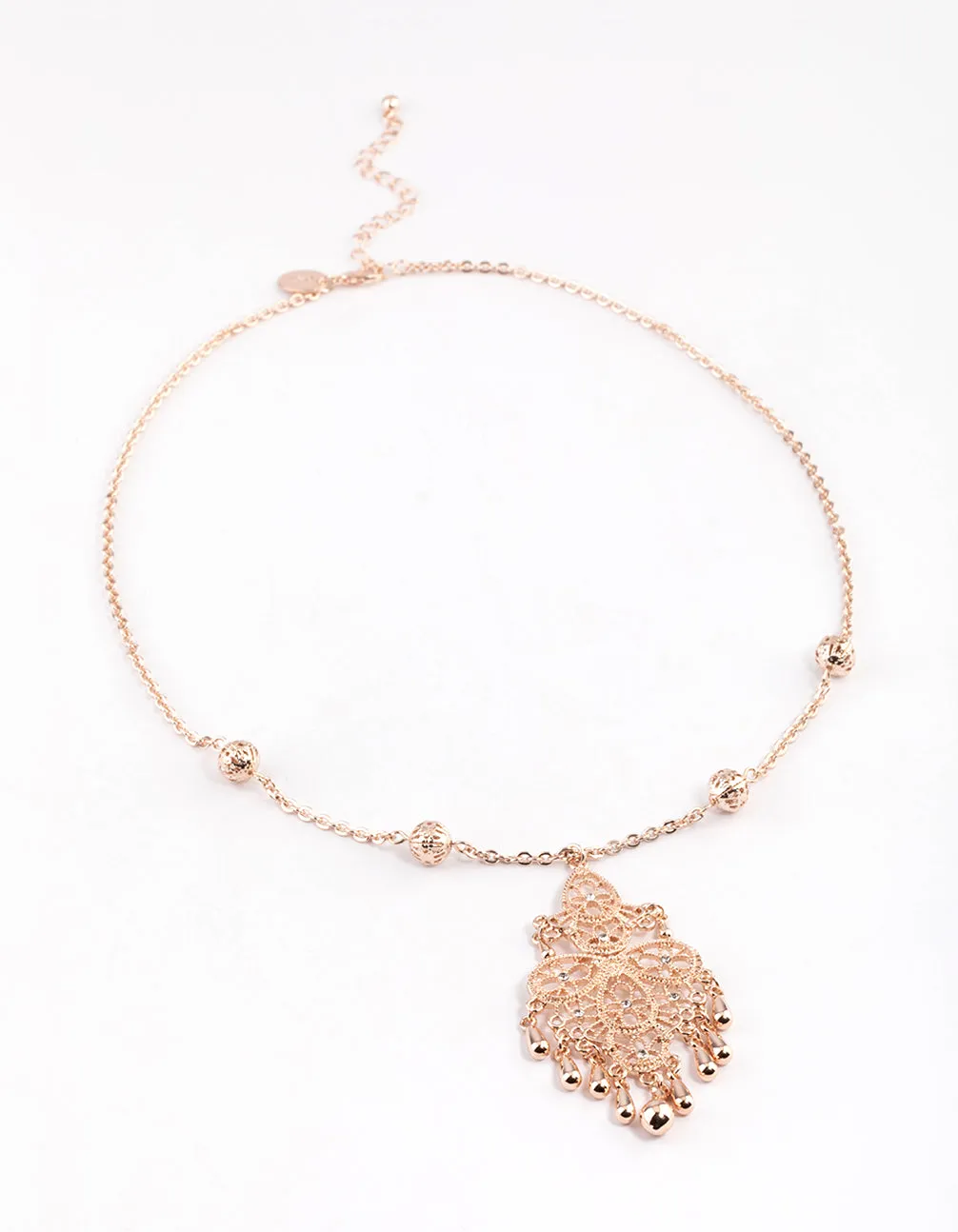 Rose Gold Long Chain Filigree Diamante Necklace