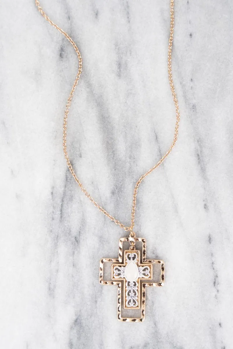 SALE! Clarice Ivory Layered Two-Tone Filigree Cross Necklace