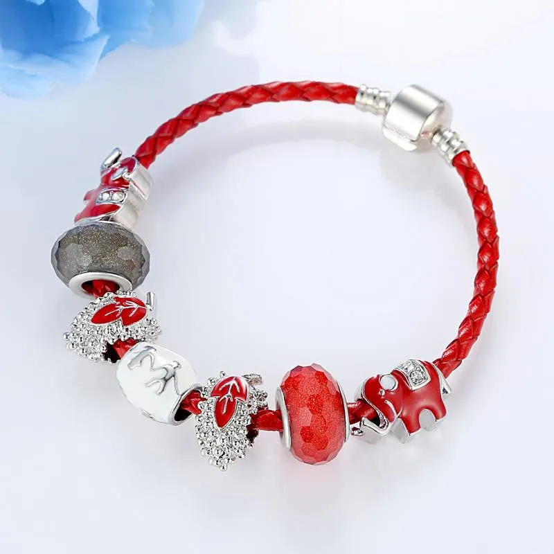 Silver Plated Original Murano Glass Bead Charm Bracelet Friendship Bracelet Leather Strand Pulseras Gift