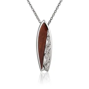 Sterling Silver Koa Wood Filigree Engraved Surfboard Pendant18" Necklace