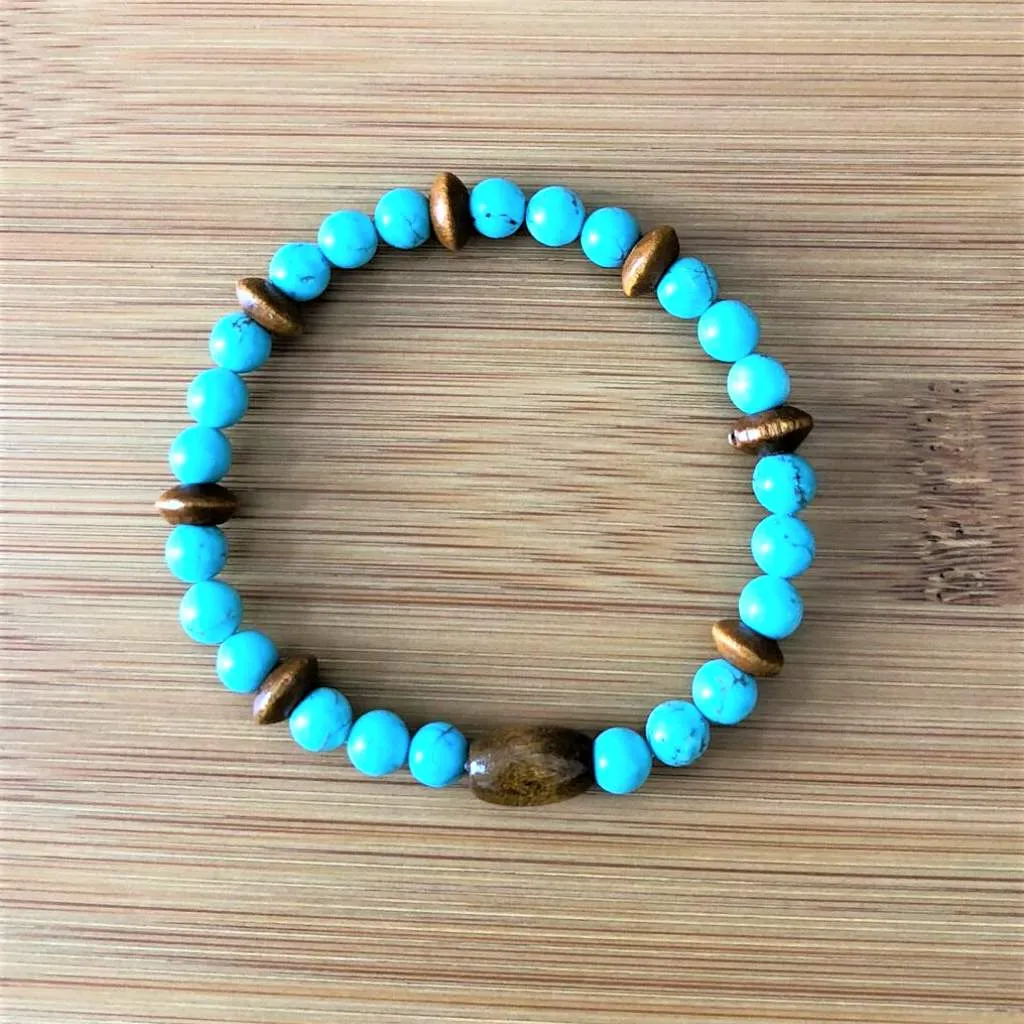 Turquoise Magnesite and Brown Wood Beaded Bracelet