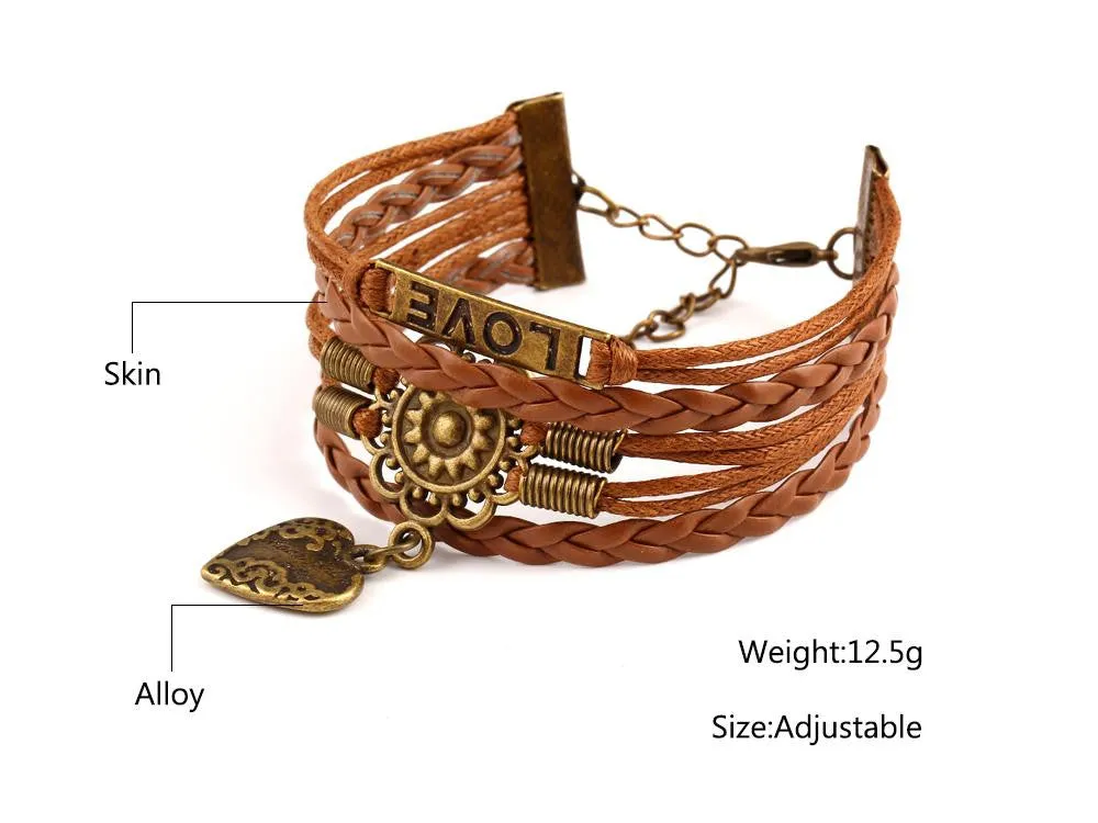 Vintage Alloy Flower Heart Buckle Mens Leather Woven Bracelets LOVE Multilayer Faux Bracelets Summer Style Women Jewellry