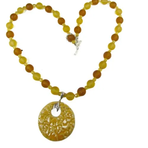 Yellow Beach Glass Bead Necklace with Handmade Artisan Pendant