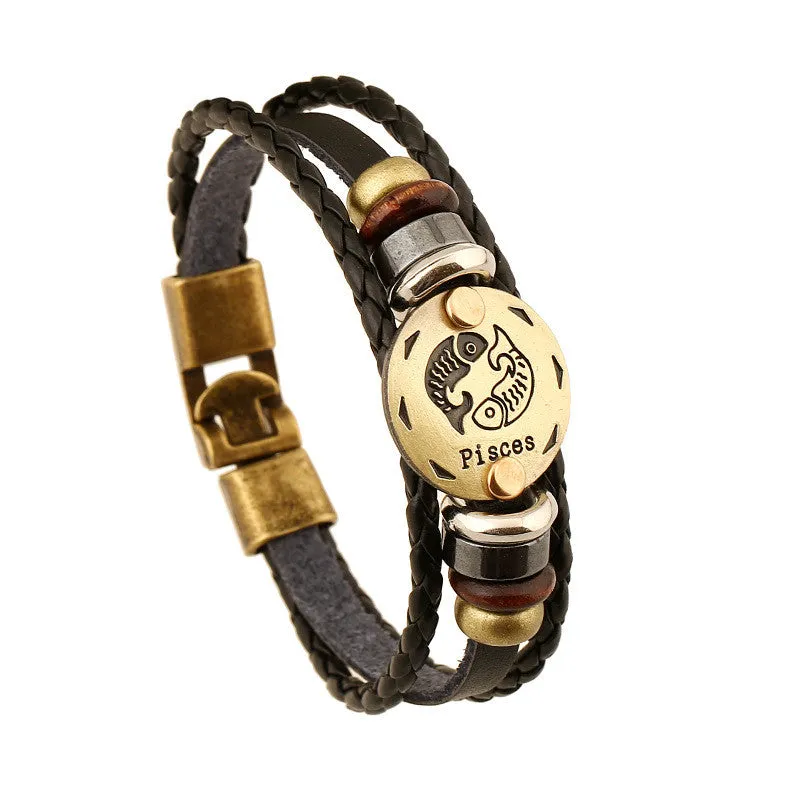 Zodiac bracelet Men vintage bronze Handmade Braid multilayer Genuine Leather Women Wrap Charm Bracelets Bangles Jewelry