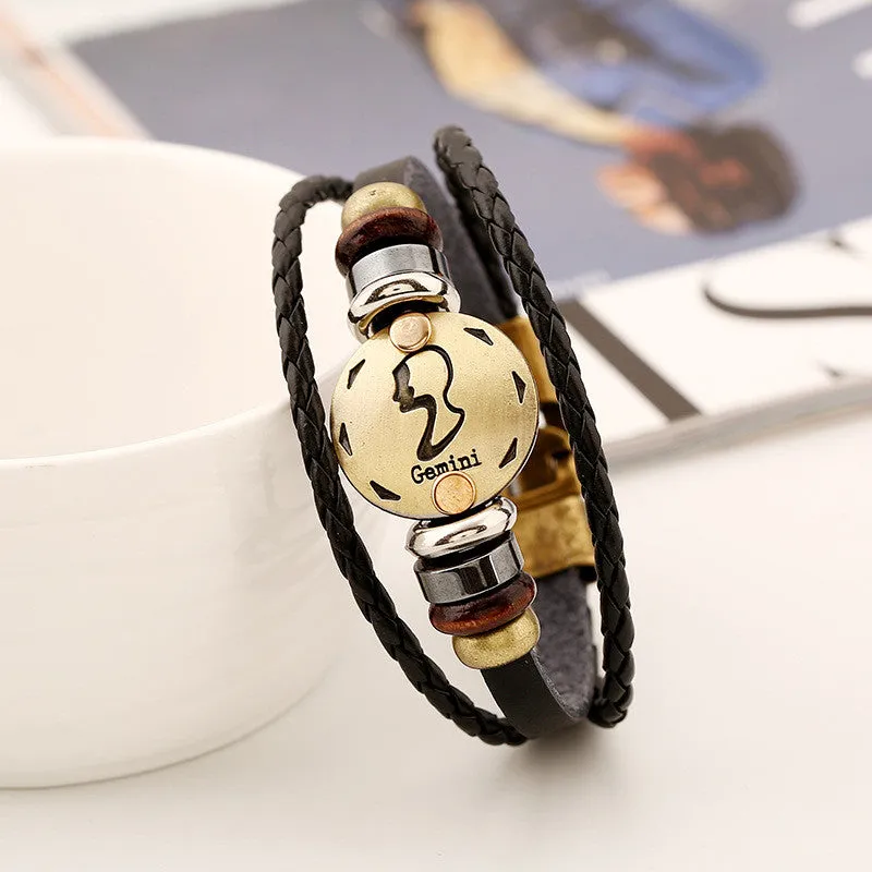 Zodiac bracelet Men vintage bronze Handmade Braid multilayer Genuine Leather Women Wrap Charm Bracelets Bangles Jewelry