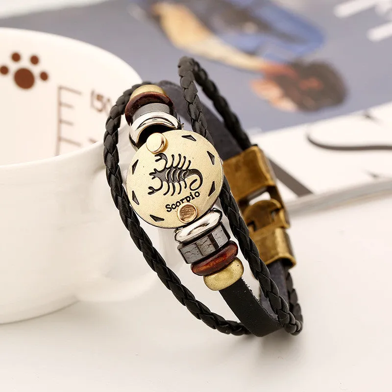 Zodiac bracelet Men vintage bronze Handmade Braid multilayer Genuine Leather Women Wrap Charm Bracelets Bangles Jewelry