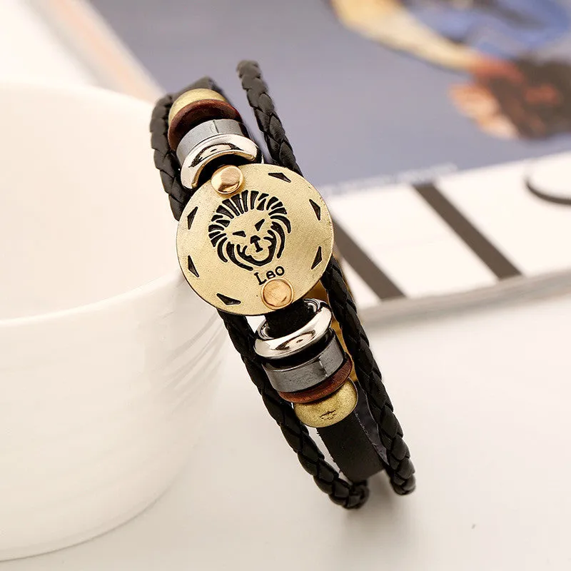 Zodiac bracelet Men vintage bronze Handmade Braid multilayer Genuine Leather Women Wrap Charm Bracelets Bangles Jewelry