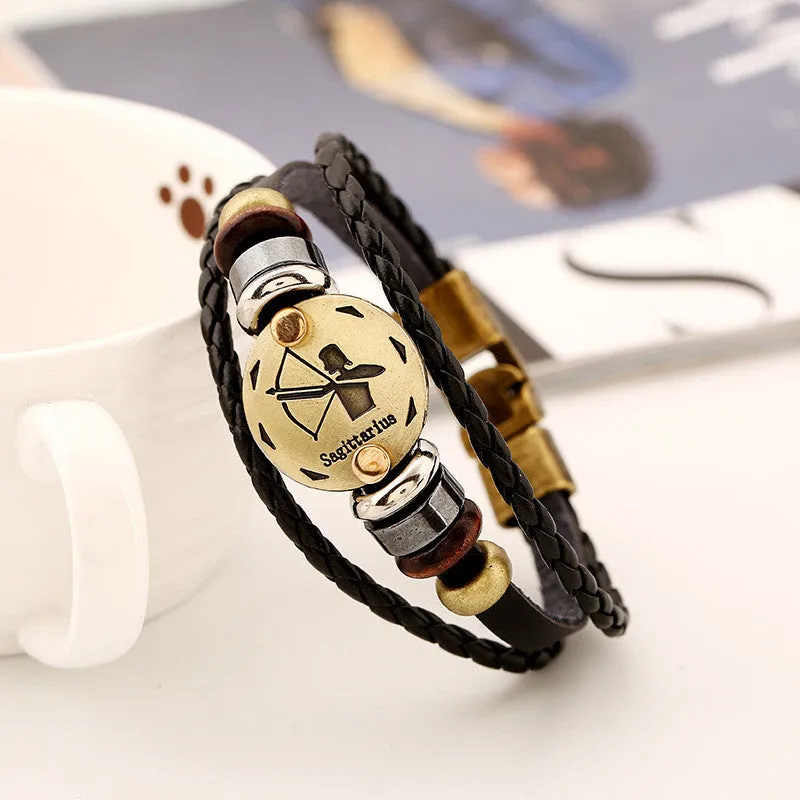 Zodiac bracelet Men vintage bronze Handmade Braid multilayer Genuine Leather Women Wrap Charm Bracelets Bangles Jewelry