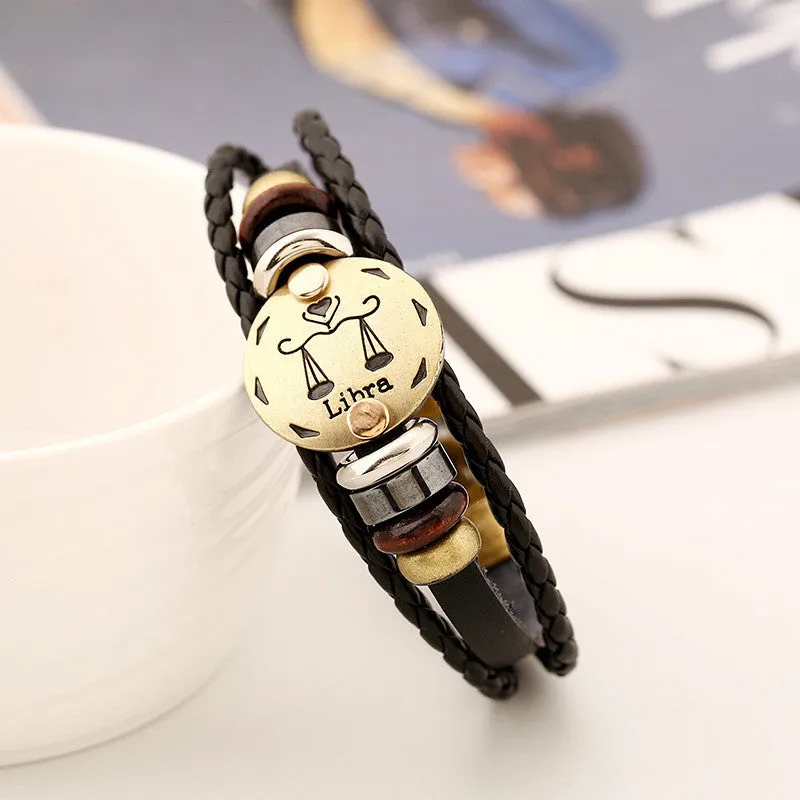 Zodiac bracelet Men vintage bronze Handmade Braid multilayer Genuine Leather Women Wrap Charm Bracelets Bangles Jewelry