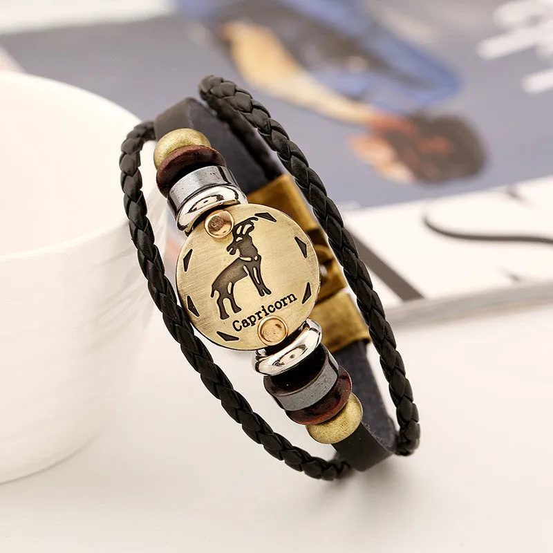 Zodiac bracelet Men vintage bronze Handmade Braid multilayer Genuine Leather Women Wrap Charm Bracelets Bangles Jewelry